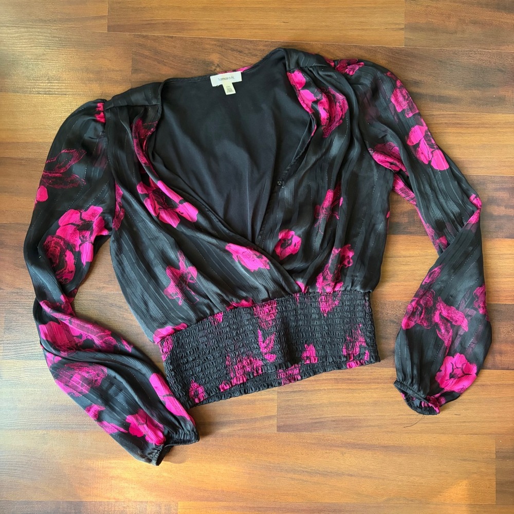 Tamara H Womens Black Pink Floral Wrap Front Smocked Waist Balloon Sleeve Top S